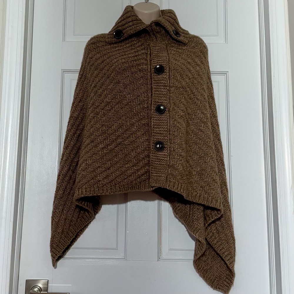 Brown Knit Poncho with Button Detail • One Size • Cozy Layering Sweater